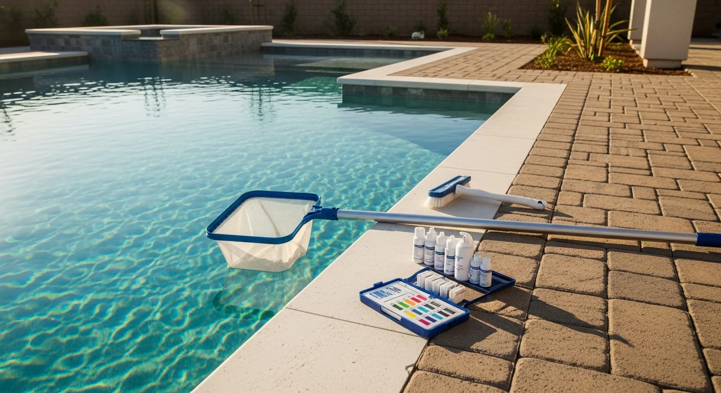 Professional swimming pool contractor performing pool maintenance and equipment service