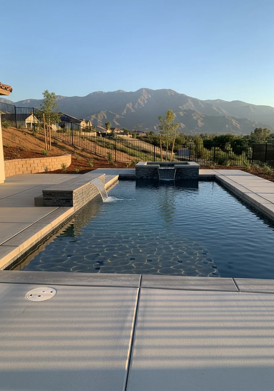 Upland home exterior on sloped terrain showing professional grading and construction quality.