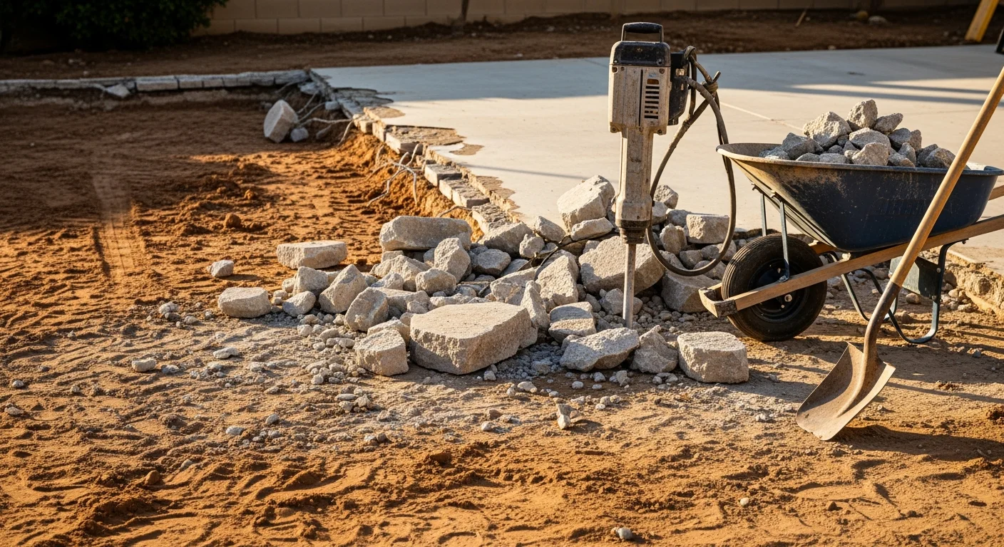 Broken concrete patio slab being removed from a residential backyard in Rialto, CA, with debris staged for hauling and exposed soil visible beneath the demolished surface.