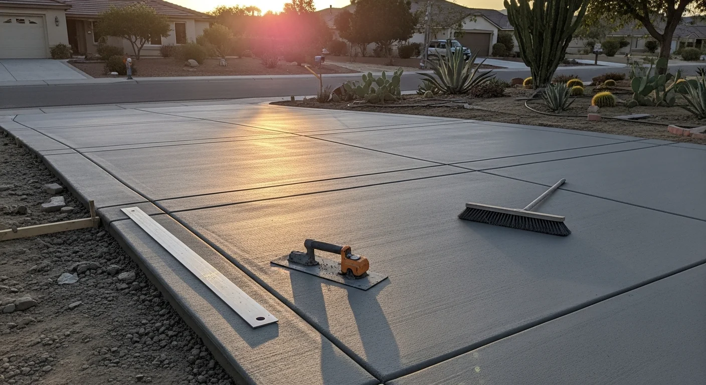 Freshly finished concrete pool deck and patio surface at a residential property in Rialto, CA, showing smooth broom texture and clean edges. The slab slopes away from the home's foundation with a sealed surface suited to the Inland Empire's sun and heat.