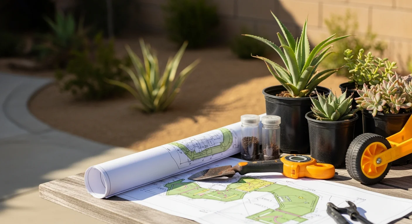 A finished residential landscape design in Rialto, CA showing a drought-tolerant front yard with layered plantings, a paved walkway, and a clean hardscape border. The design reflects the Inland Empire's arid climate with low-water plants arranged around a structured patio entry.