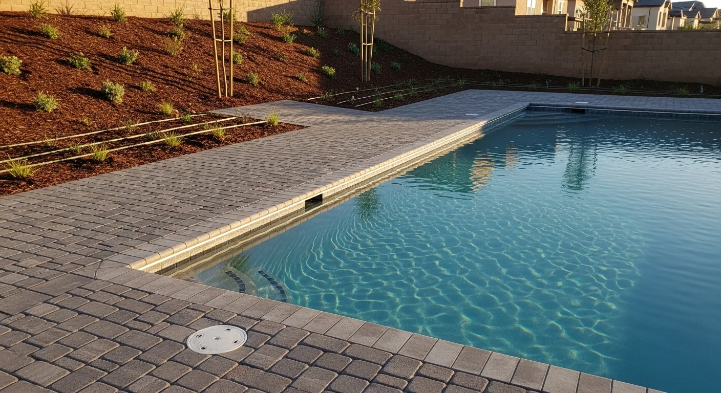 Newly installed residential landscape in Rialto, CA featuring drought-adapted plants, drip irrigation lines, and clean ground cover edging on a single-family home lot. Front yard view shows finished planting beds with graded soil and a clear walkway under bright Southern California sun.