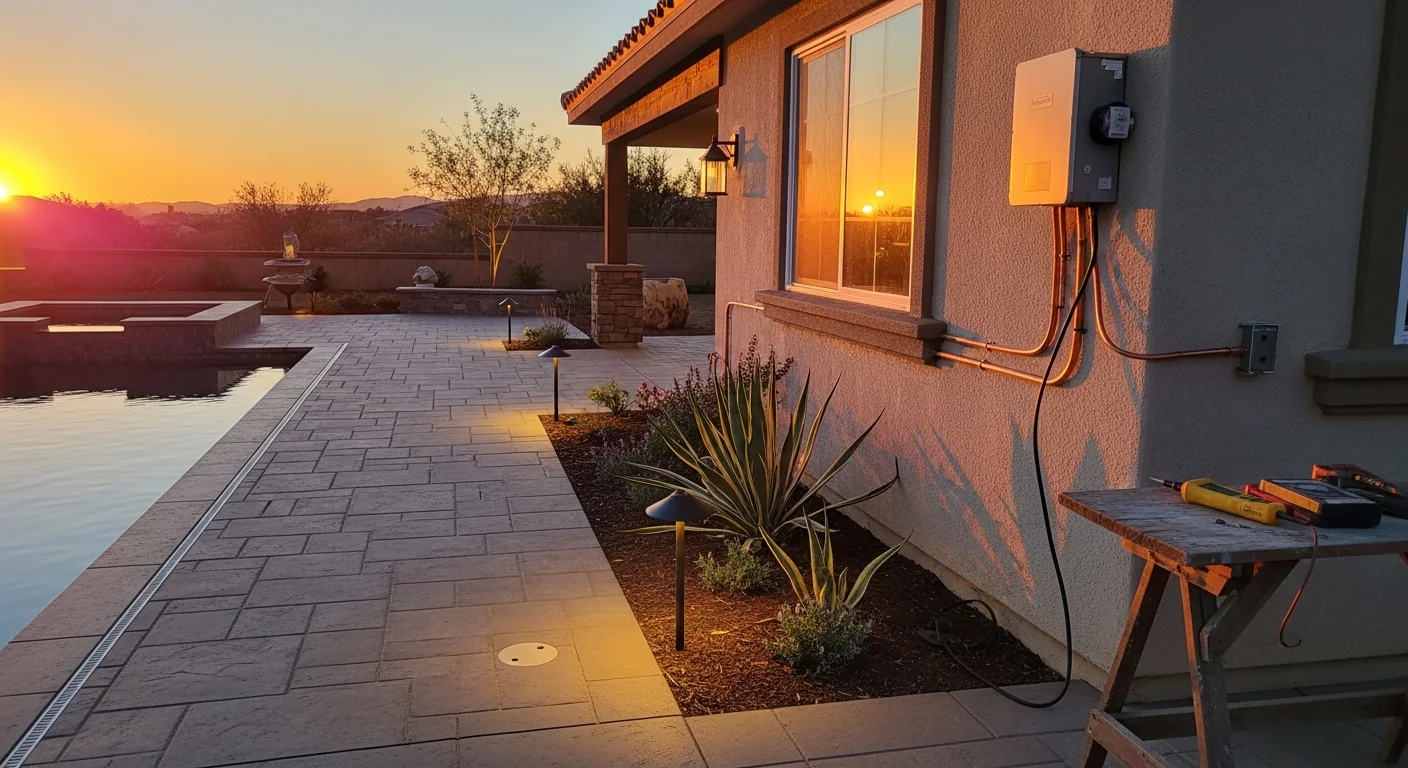Custom outdoor lighting design around a residential pool and patio in Rialto, CA, with low-voltage pathway lights and uplighting along a garden bed at dusk. The pool water reflects the surrounding fixture glow against a clear Inland Empire evening sky.
