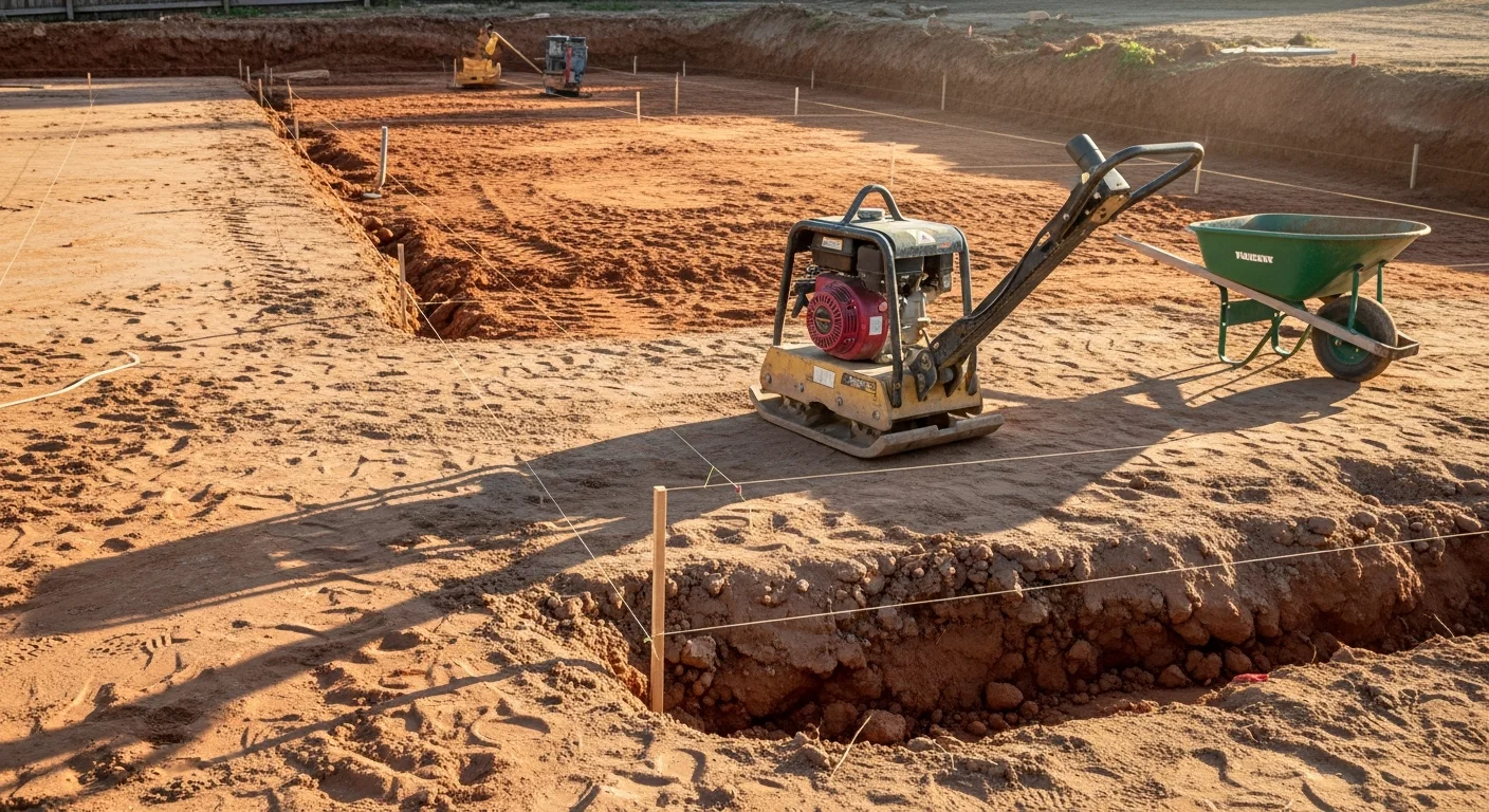 A leveled and compacted dirt area in a Rialto, CA residential backyard ready for a concrete pool deck pour. The graded surface shows cleared soil with no vegetation, prepared by Clear View Pools Inc.